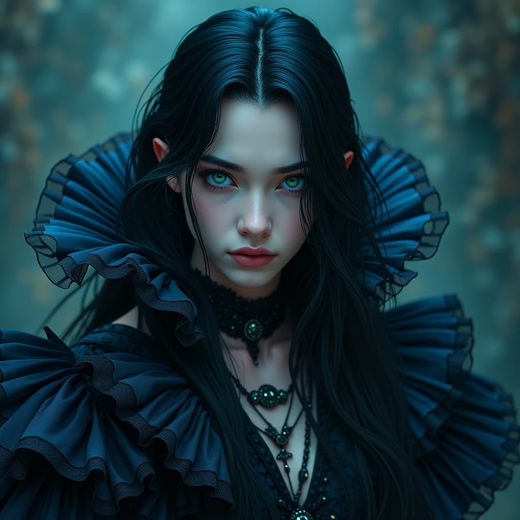 Long black hair. Teal blue eyes, Male, Blue and black frilly gothic clothes, Surrealism, Sexy, Masterpiece, Shiny, Gloomy effects, 8k, super detail, Shiny, Beautifully detailed, Pretty drawn. Anime style. Sexy pose, hot. Seductive pose.