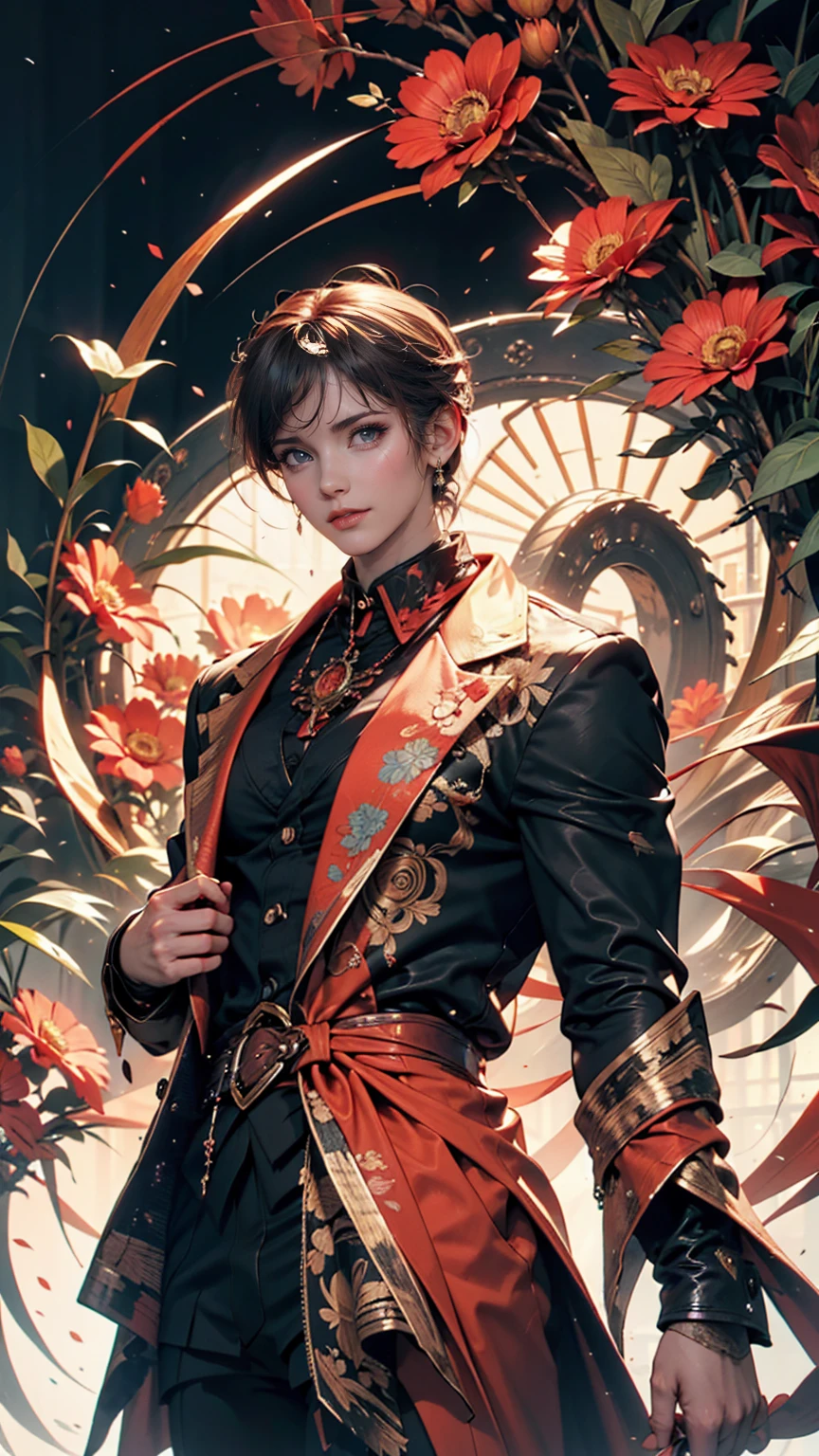 Official Art, unity 8k wallpaper, Super detailed, beautifully、aesthetic, masterpiece, Highest quality, (zenTangle, Mandala, Tangle, enTangle), (Fractal Art:1.3) , One person, Red flower, Very detailed, Dynamic Angle, Cowboy Shot, The most beautiful form of chaos, elegant, Brutalist design, Vibrant colors, Romanticism, James Jean, Robbie Dowie Anton, Ross Tran, Francis Bacon, It was freezing cold, Adrian's genius, Petra Cortright, Gerhard Richter, takato yamamoto, Ashley Wood, Atmospheric