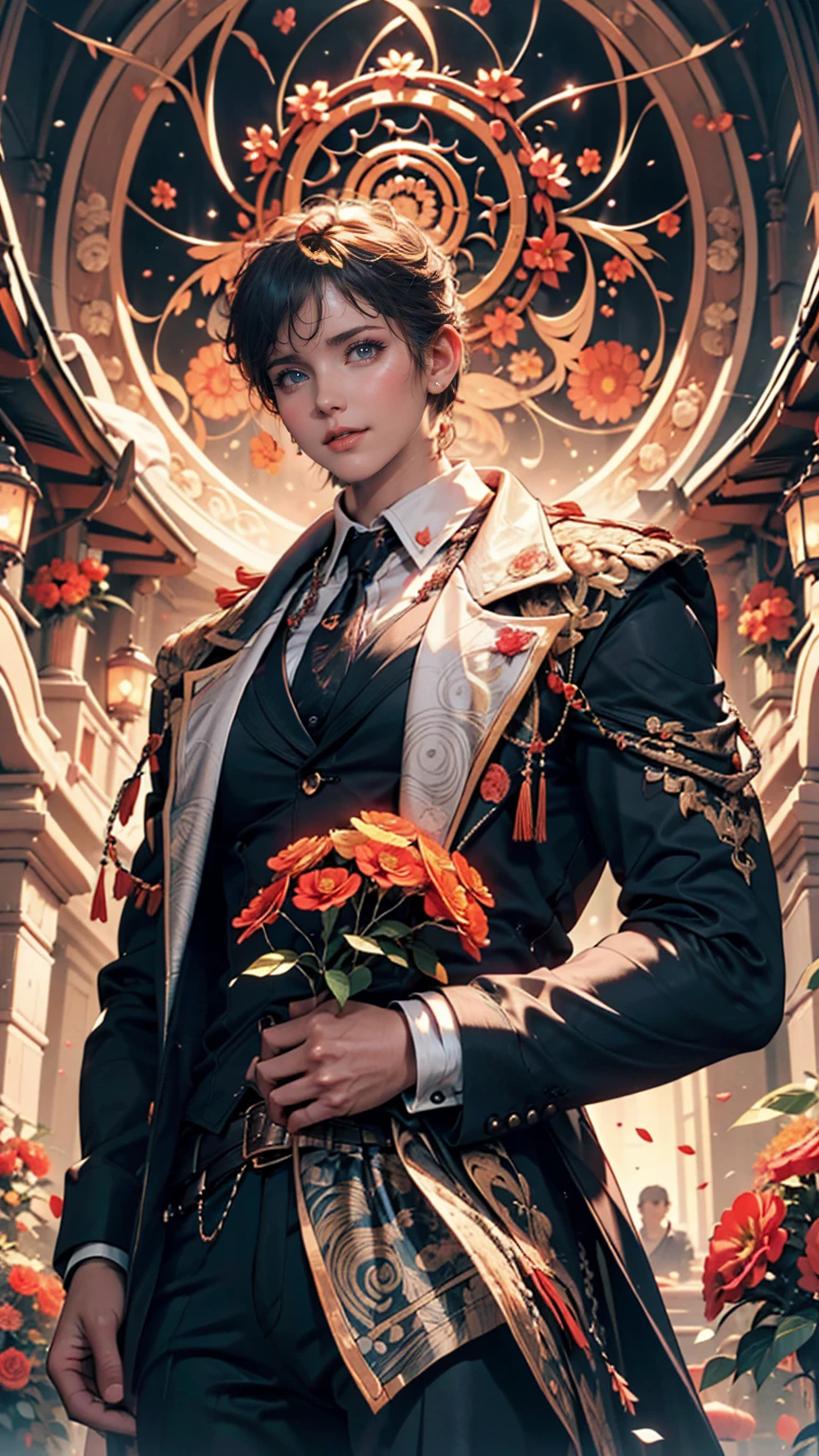 Official Art, unity 8k wallpaper, Super detailed, beautifully、aesthetic, masterpiece, Highest quality, (zenTangle, Mandala, Tangle, enTangle), (Fractal Art:1.3) , One person, Red flower,  Very detailed, Dynamic Angle, Cowboy Shot, The most beautiful form of chaos, elegant, Brutalist design, Vibrant colors, Romanticism, James Jean, Robbie Dowie Anton, Ross Tran, Francis Bacon, It was freezing cold, Adrian&#39;s genius, Petra Cortright, Gerhard Richter, takato yamamoto, Ashley Wood, Atmospheric