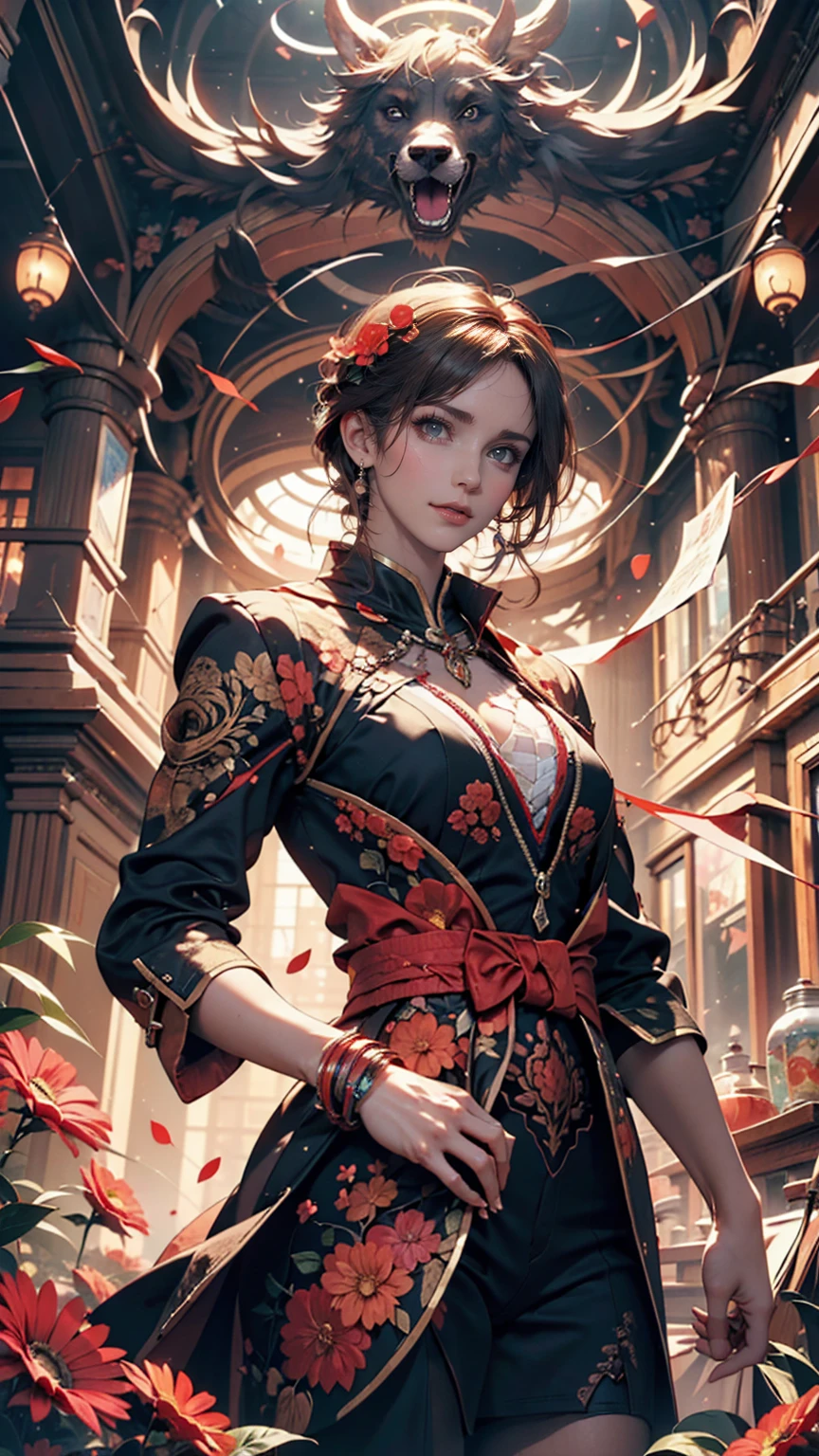 Official Art, unity 8k wallpaper, Super detailed, beautifully、aesthetic, masterpiece, Highest quality, (zenTangle, Mandala, Tangle, enTangle), (Fractal Art:1.3) , One person, Red flower, Very detailed, Dynamic Angle, Cowboy Shot, The most beautiful form of chaos, elegant, Brutalist design, Vibrant colors, Romanticism, James Jean, Robbie Dowie Anton, Ross Tran, Francis Bacon, It was freezing cold, Adrian's genius, Petra Cortright, Gerhard Richter, takato yamamoto, Ashley Wood, Atmospheric
