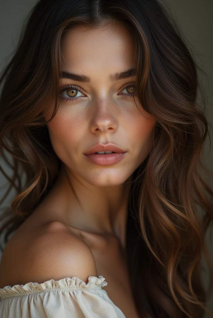 Woman's loose medium brown hair with layers, eyes browns