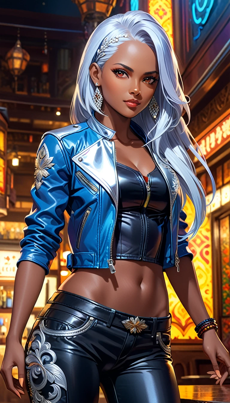 (Long silver hair:1.5),Beautiful 35 year old female, Brown Skin, (bulge in pant:1.2), (Wearing a blue leather jacket and tight black pants;1.3), View from the front, Waist up shot, Dynamic pose, Ambient Lighting, Intricate facial details, Exquisite handcrafted details, Very detailed, Vibrant colors, Cinematic, High resolution, Trending Style Raw on Artstation