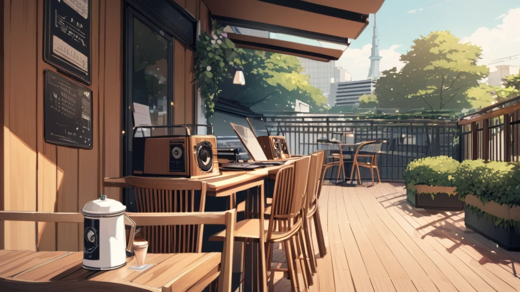 Showa era record player Stylish space A cafe with a warm wooden atmosphere Outdoor terrace seating in Tokyo A few tables Retro feel The record player is large. high resolution Iced coffee on the table