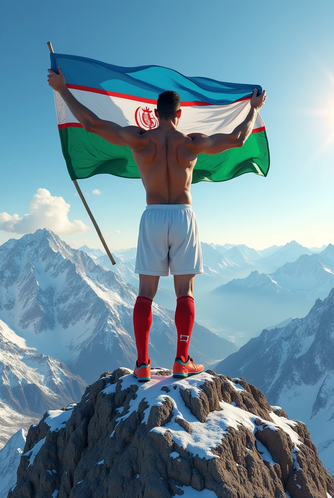cristiano ronaldo with the flag of Uzbekistan in his hand on the top of the mountain

