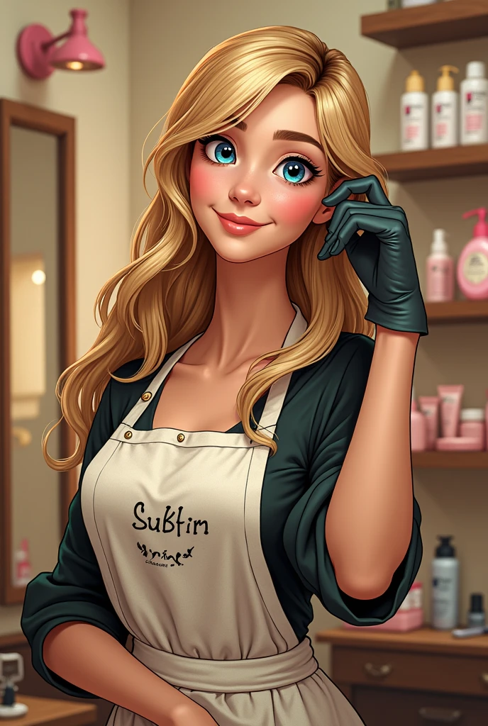a blonde woman with blue eyes,Long hair, Work clothes as a beautician, pixar art.