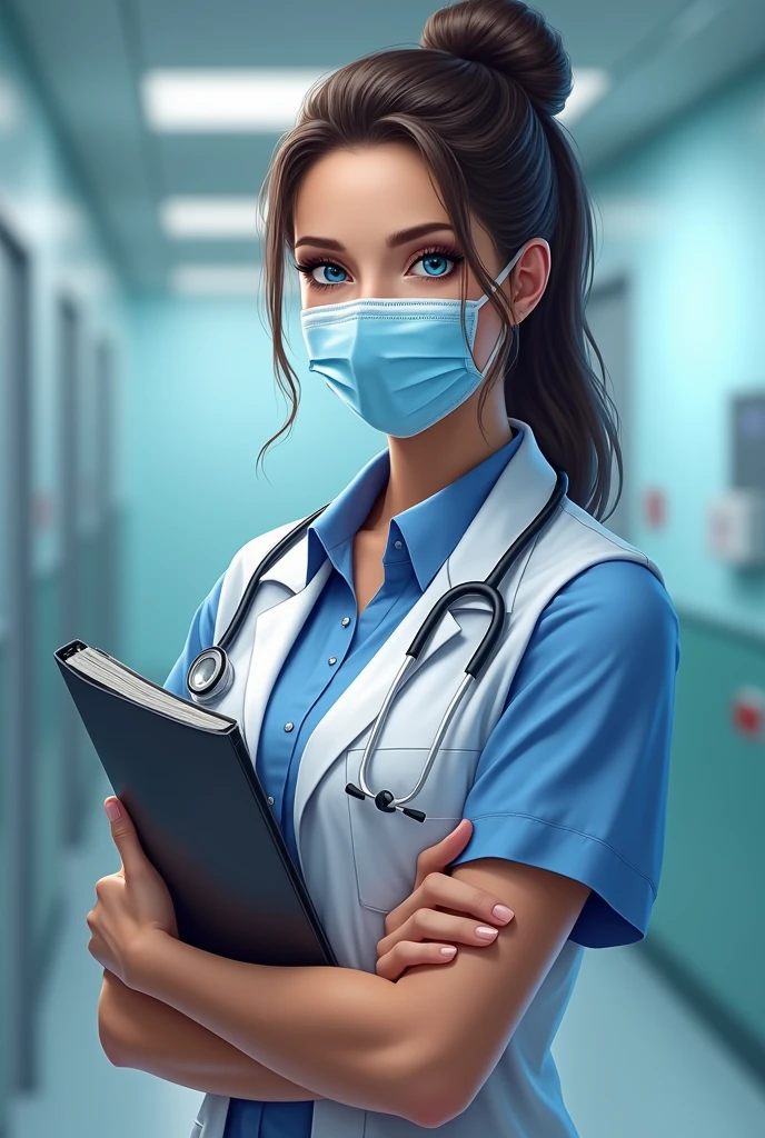 doctor, by rubio, blue eyes, Nursing folder in the arms, Hair collected, blue face mask, Hospital behind her, posing in front of the camera, nursing suit.