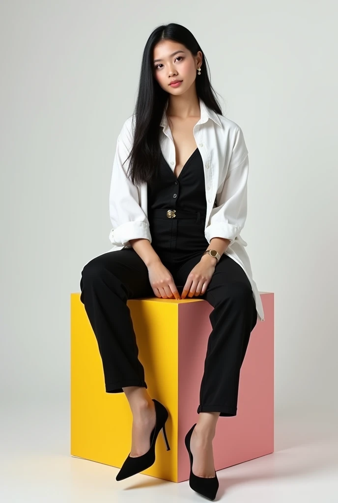 best qualityer:1.4), (ultra high resolution:1.2), (photorrealistic:1.4), (8k, CRU photo:1.2), 1 28 year old woman with white skin. Long straight black hair all swept to the right side. brown eyes . He is wearing a white shirt and a black dress shirt on top.. black dress pants. black highheels. She is sitting on top of a colorful cube. You are in a photography studio with a white background. Brazilian