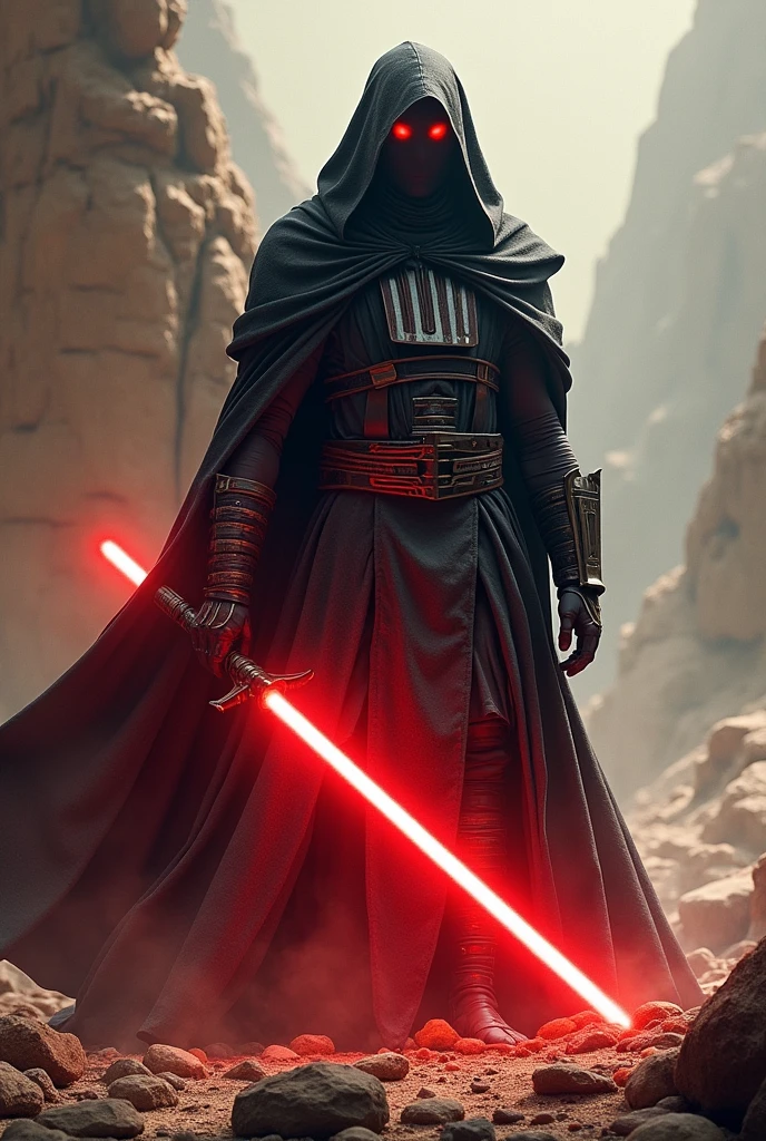 The country bhutan as a Sith Lord from Star Wars, colors of the flag (white, orange, yellow), red lightsaber, scary, frightening, ultra-realistic