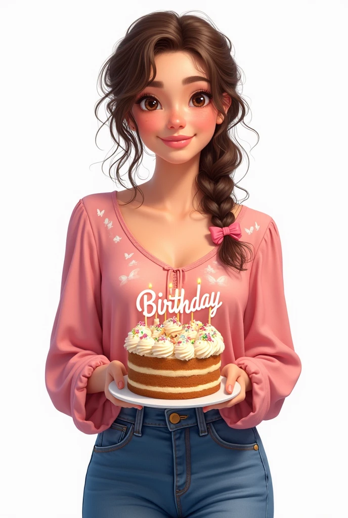  with big brown eyes, curly hair tied in a braid, holding a cake. She wears jeans and a pink blouse with a butterfly print.. There is a sign that says happy birthday. the background is white