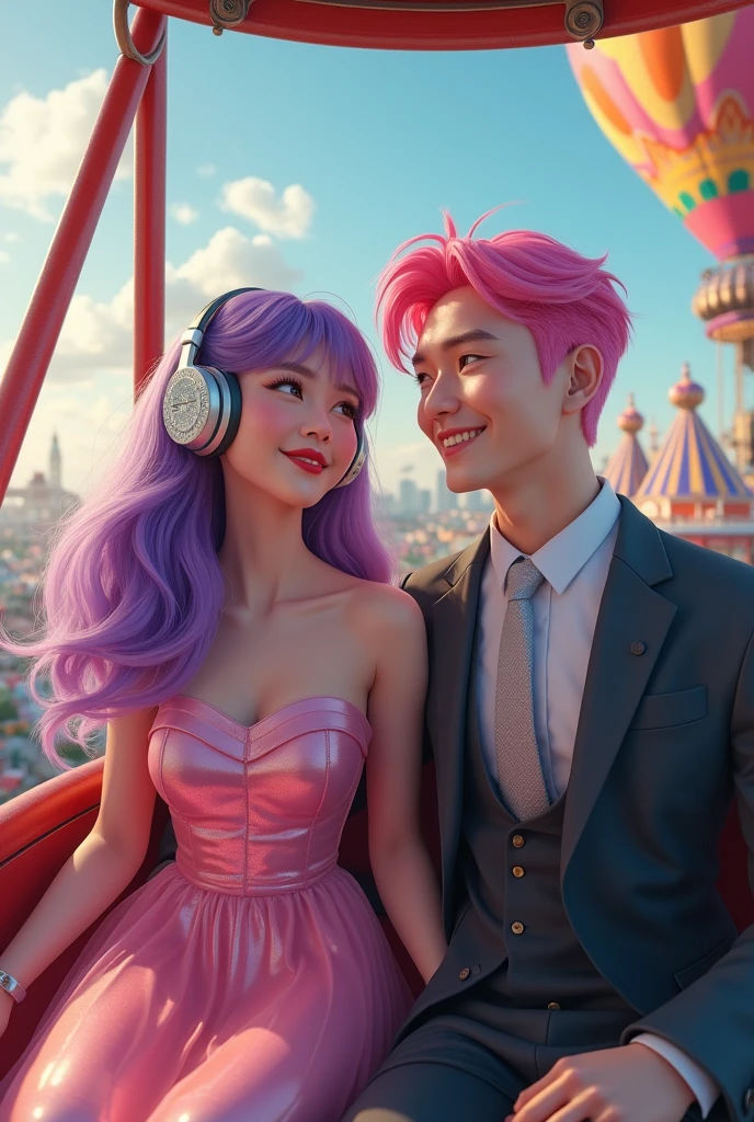 Korean purple hair butterfly woman with headphone in shiny pink dress and pink hair white man with suit in amusement park on a hot air balloon best friends his pink hair realistic realistic