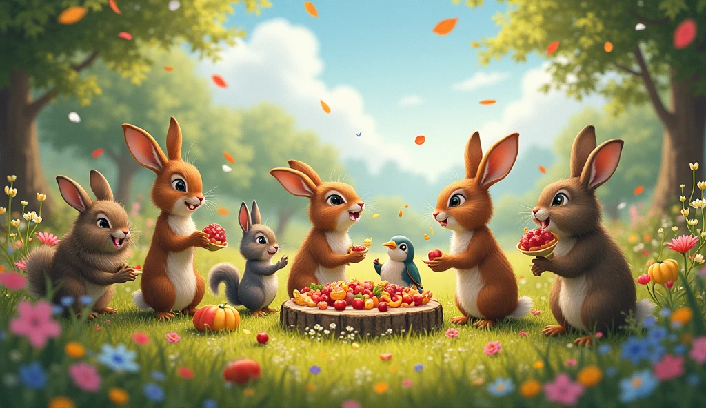 Rabbits discovery made the meadow a special place for all the animals, and they celebrated with a grand feast among the blooming flowers.