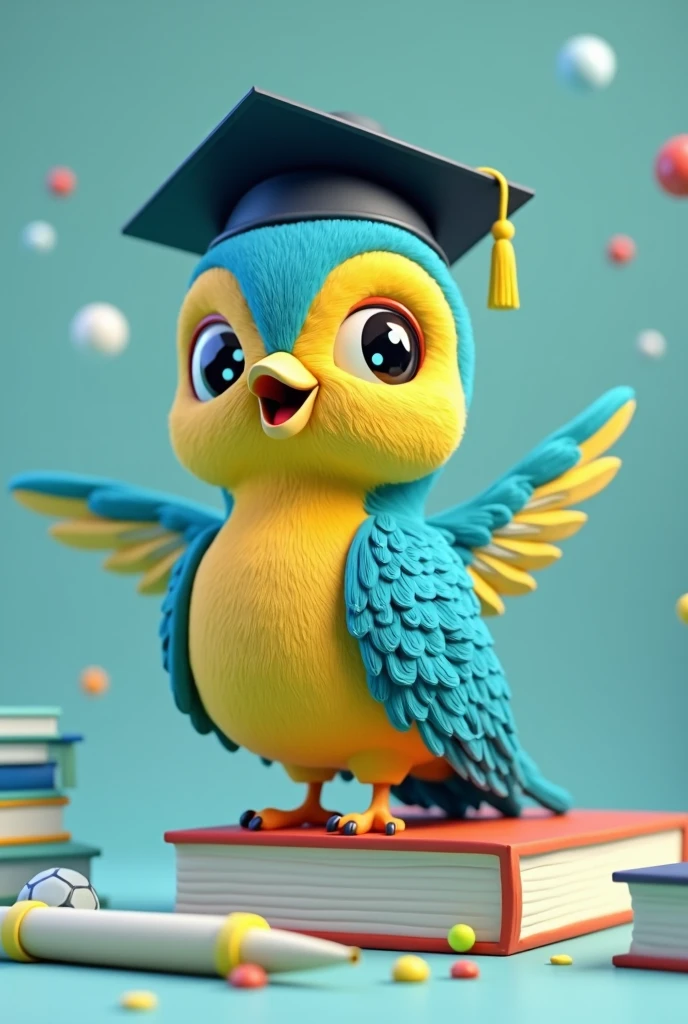 Help me create a mascot for my work institution that is based on education and mentoring, do it like hummingbird the colors we use are blue, yellow and green, Focus it in 3D if possible