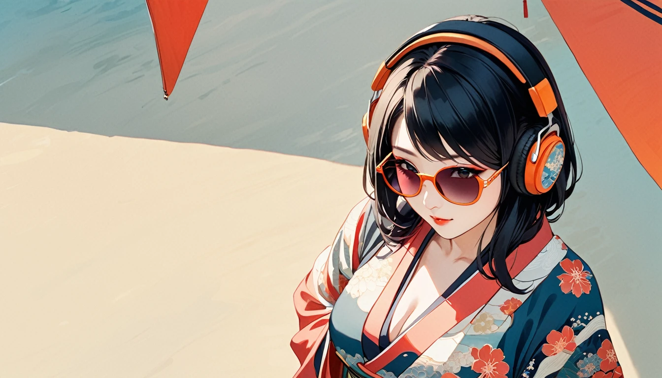 Ink Painting, (((1 girl))), (((music festival))), (((from above))) sunglasses, Japanese style headphones, Japanese beauty, Black Hair, big breast,Delicate and precise, Modern ukiyo-e style, vivid color