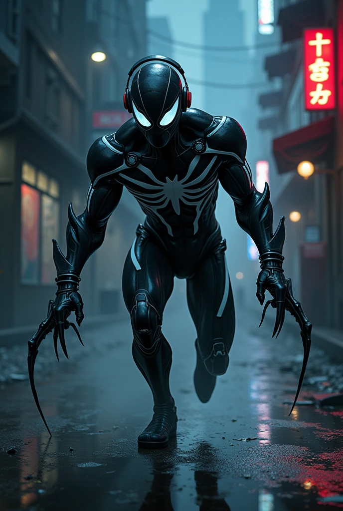 aggressive, spider man, black color with white lines, listens to music on headphones, at night in the city