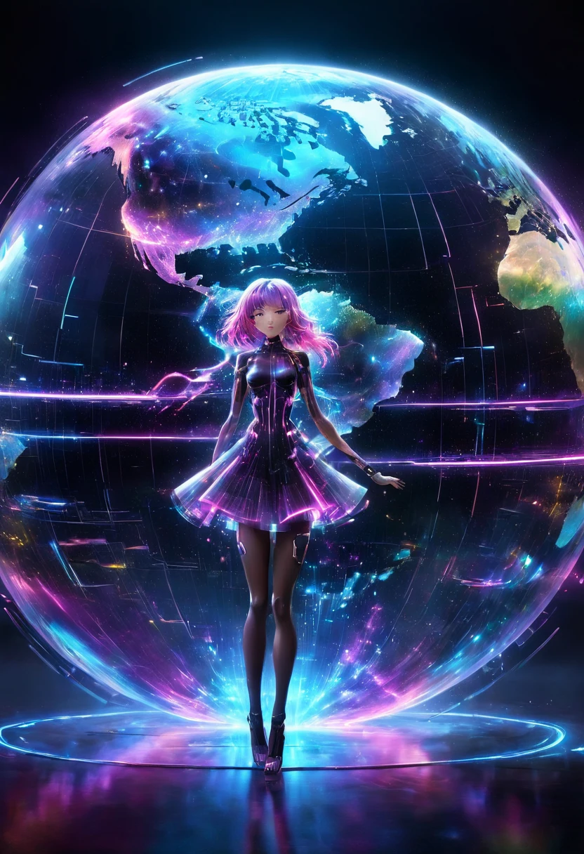 A cyberpunk girl stands center stage, singing powerfully directly toward the viewer's perspective in front of a massive globe surrounded by neon lights and floating digital bubbles. Beside her, a cyberpunk boy sings while gazing intently into her eyes. Both are standing under a futuristic cityscape filled with holograms, neon signs, and towering metallic structures. The characters are dressed in futuristic clothing with glowing accents, cybernetic enhancements, and vibrant hair colors. The atmosphere is moody with a blend of dark and neon colors."