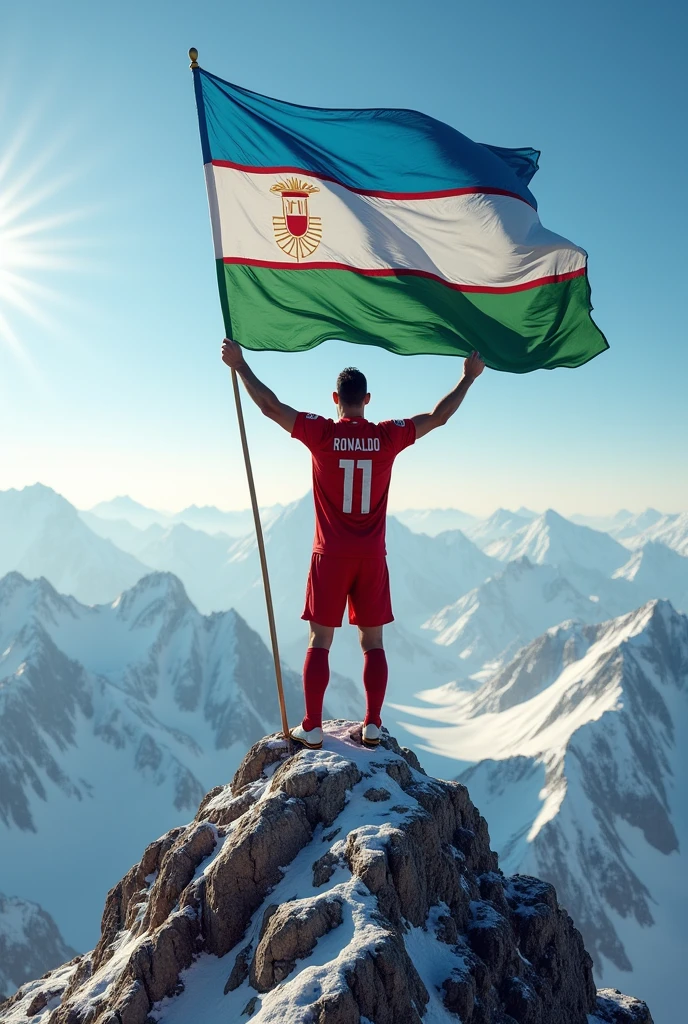 cristiano ronaldo with the flag of Uzbekistan in his hand on the top of the mountain