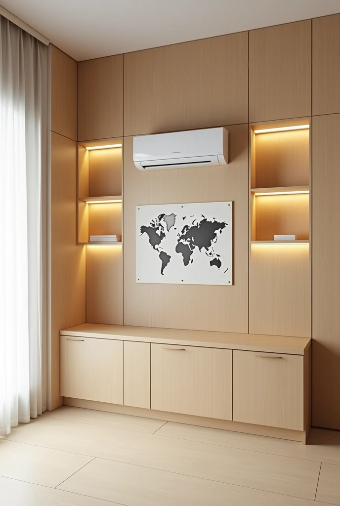Short entire wall covered in MDF blond freijó, nailed to this wall at the top, right in the middle, near the ceiling, there is the air conditioning, under the air conditioning in the middle there is a small world map. Next to the wall a window with a white curtain. Underneath the world map there are 3 shelves with lighting, under the shelves there is a sideboard. 