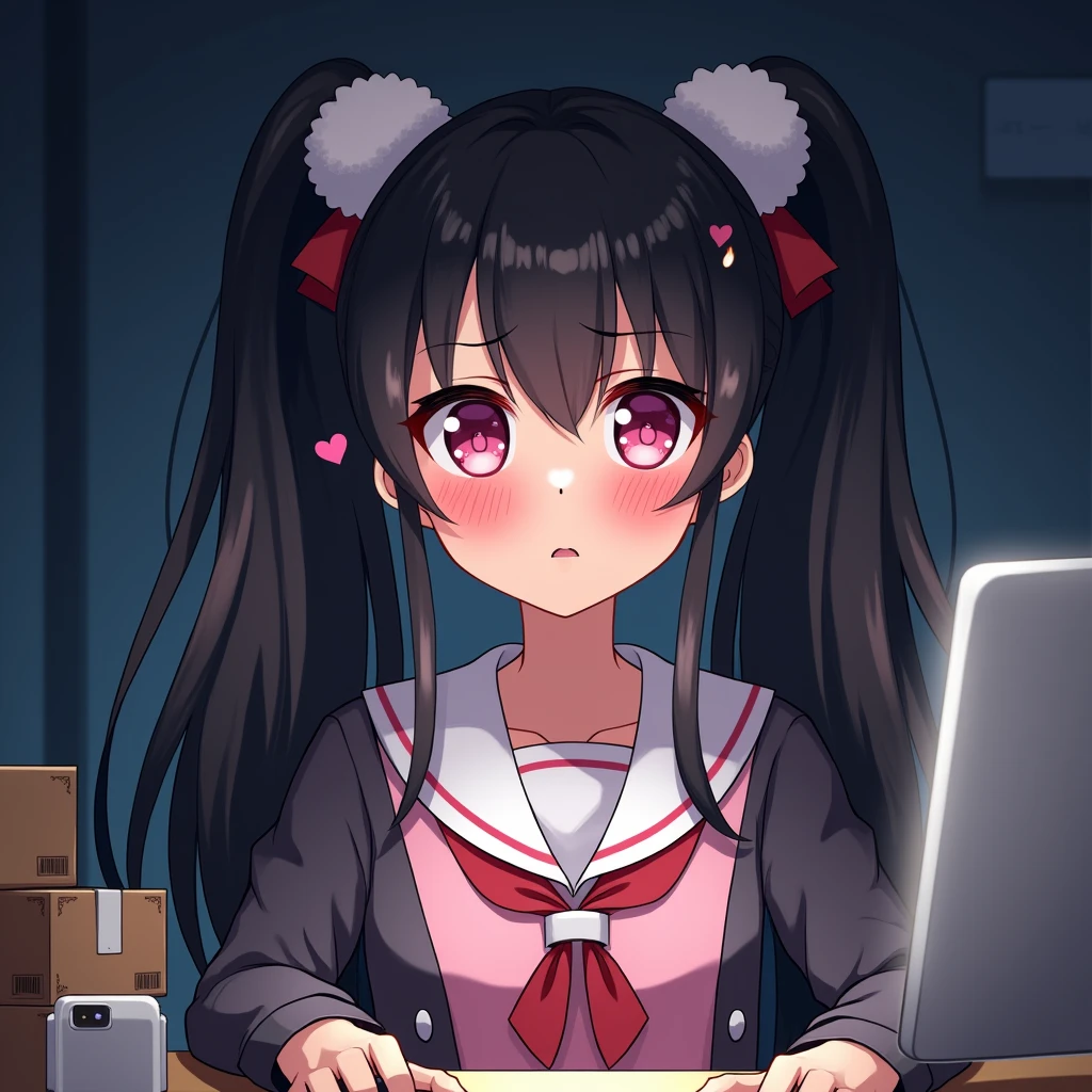 One person, Black Hair,Pink inner color,Long Hair, bangs,Half Twin Tail,Pink eyes, Droopy eyes,Take a closer look, Hearts in eyes, ribbon, Headband, White fluffy hair accessories,anime, anime風, skirt,Frills,Mine system,smartphone,Pink Sailor Suit,Dark cardigan,Drooping eyes,Confused eyes,Worried brow,Yandere,background computer,smartphone,delivery,Illness,Expose,dark,Midnight,Upper Body