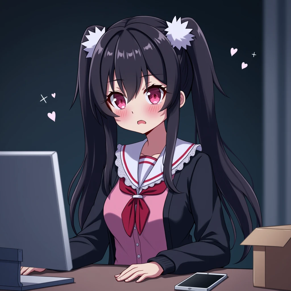 One person, Black Hair,Pink inner color,Long Hair, bangs,Half Twin Tail,Pink eyes, Droopy eyes,Take a closer look, Hearts in eyes, ribbon, Headband, White fluffy hair accessories,anime, anime風, skirt,Frills,Mine system,smartphone,Pink Sailor Suit,Dark cardigan,Drooping eyes,Confused eyes,Worried brow,Yandere,background computer,smartphone,delivery,Illness,Expose,dark,Midnight,Upper Body