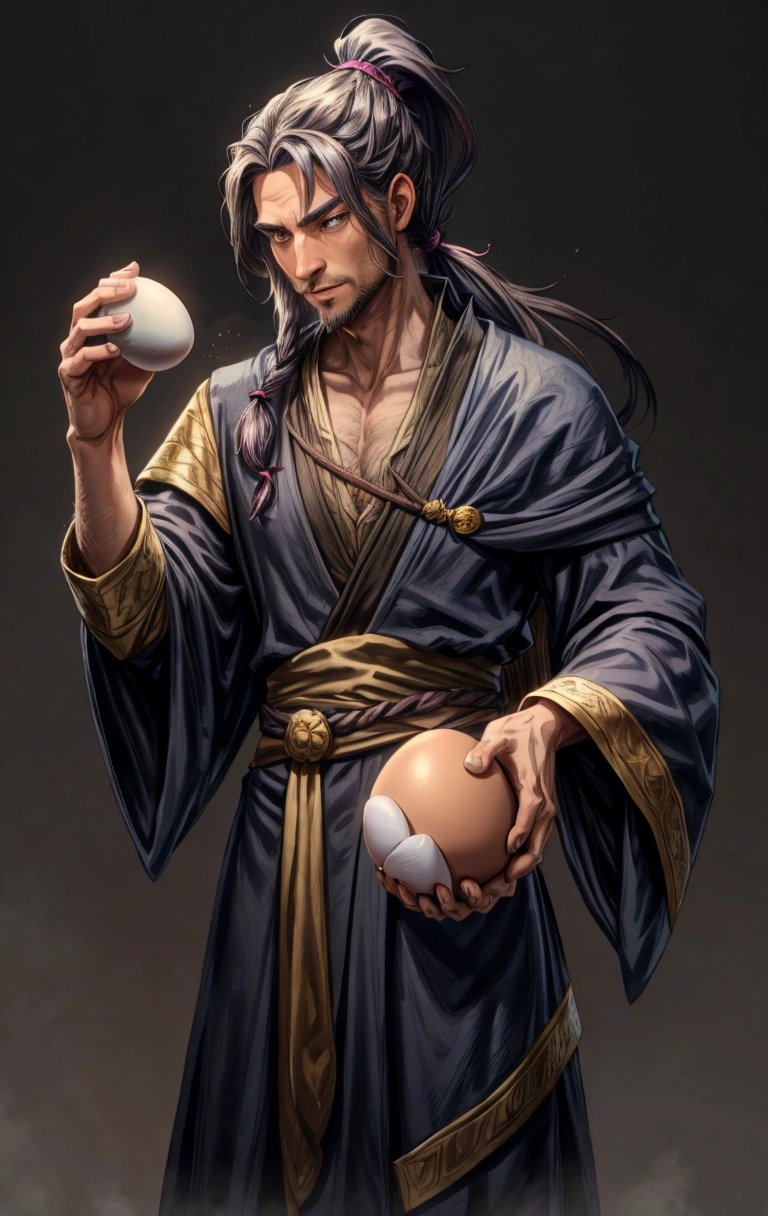 fix your hand a male wizard with hair tied in a ponytail, holding an egg
