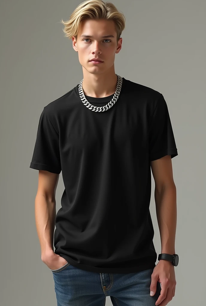  Full body photorealistic image of a very slim and handsome young looking man, with the (very small hair) yellow blonde color. . The avatar should have slightly darker honey-colored eyes, lighter eyebrows, a thin face with prominent cheekbones, and a stylish appearance. The character must wear a black t-shirt, a large Cuban style silver chain, blue jeans The full body of the character must be visible in the image, The image must be photorealistic, capturing all the details accurately and realistically.

