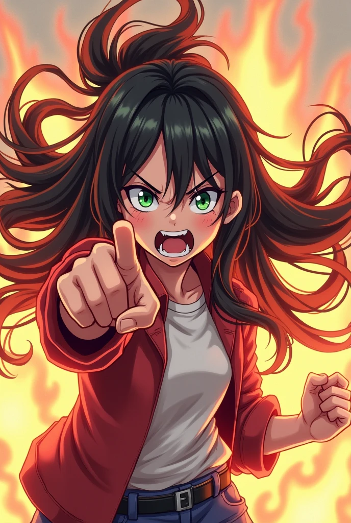 angry anime girl, pointing finger forward in anger, fully body