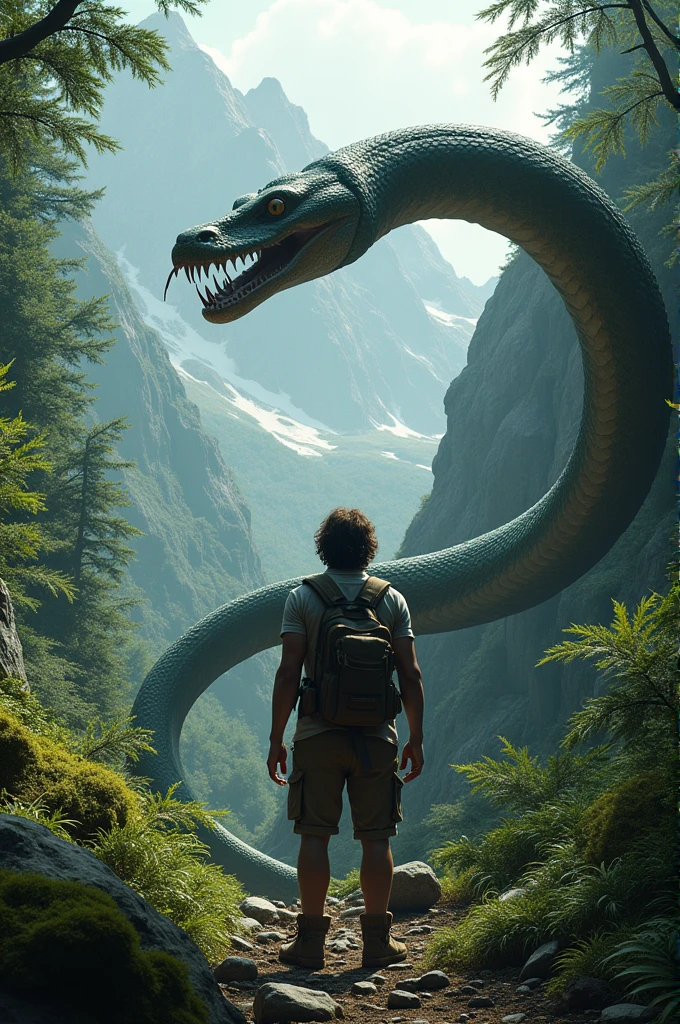 medium-haired man standing facing back in a mountain forest with a large snake
