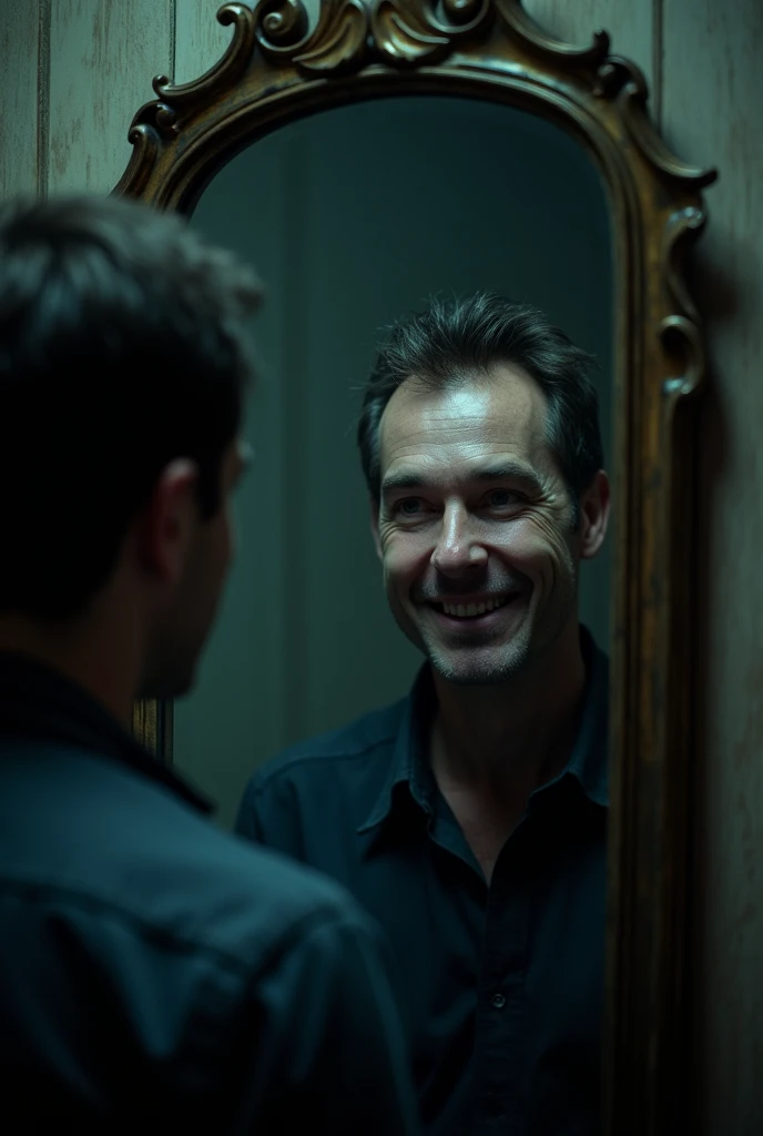 A close-up of a man standing in front of a large mirror, inspecting his reflection. Suddenly, his reflection in the mirror smiles eerily, even though the man himself is not smiling. The reflection begins to move on its own, independent of the man, creating a haunting and supernatural atmosphere.