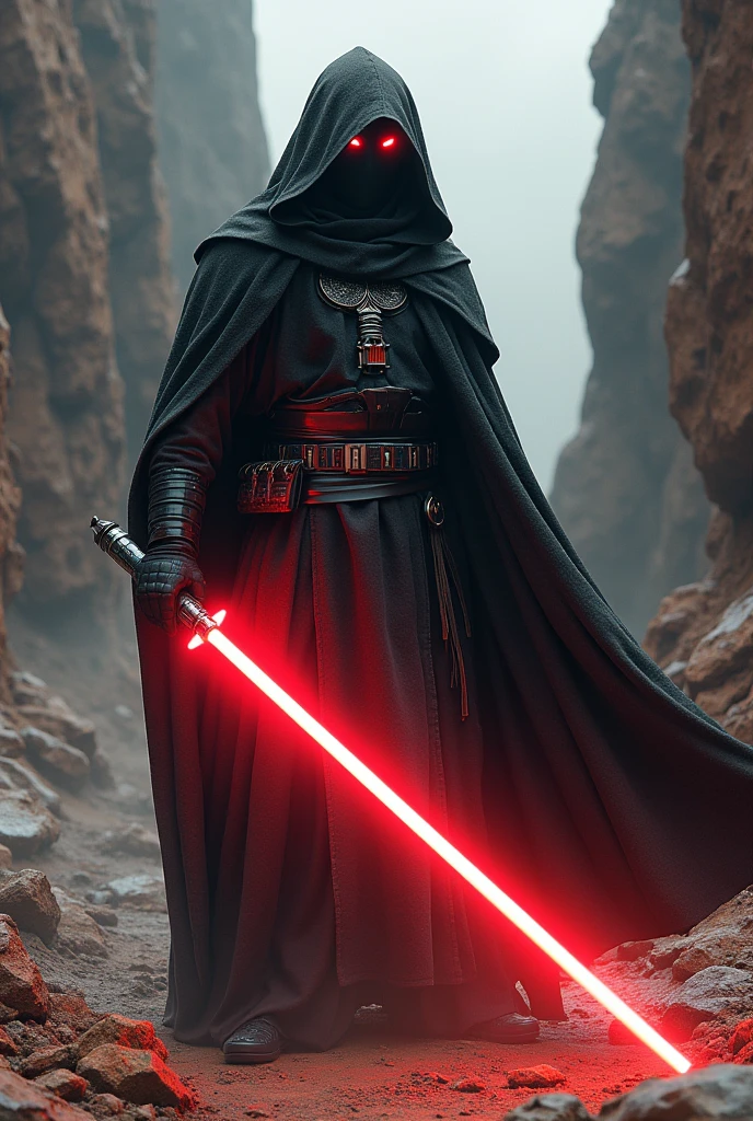 The country bhutan as a Sith Lord from Star Wars, colors of the flag (white, orange, yellow), red lightsaber, scary, frightening, ultra-realistic