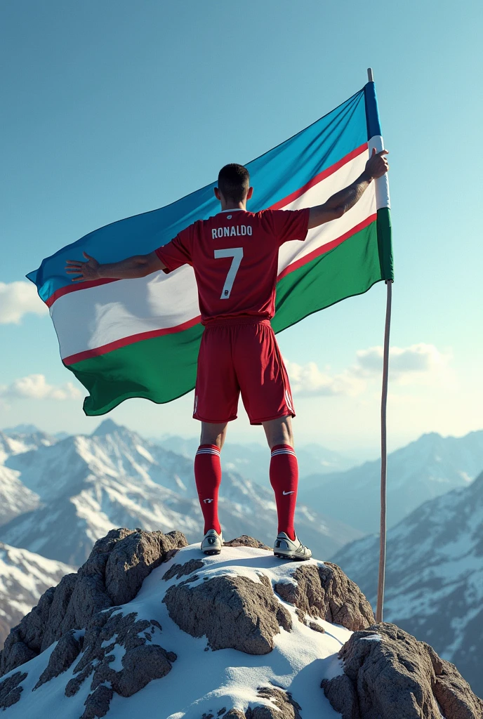 cristiano ronaldo with the flag of Uzbekistan in his hand on the top of the mountain

