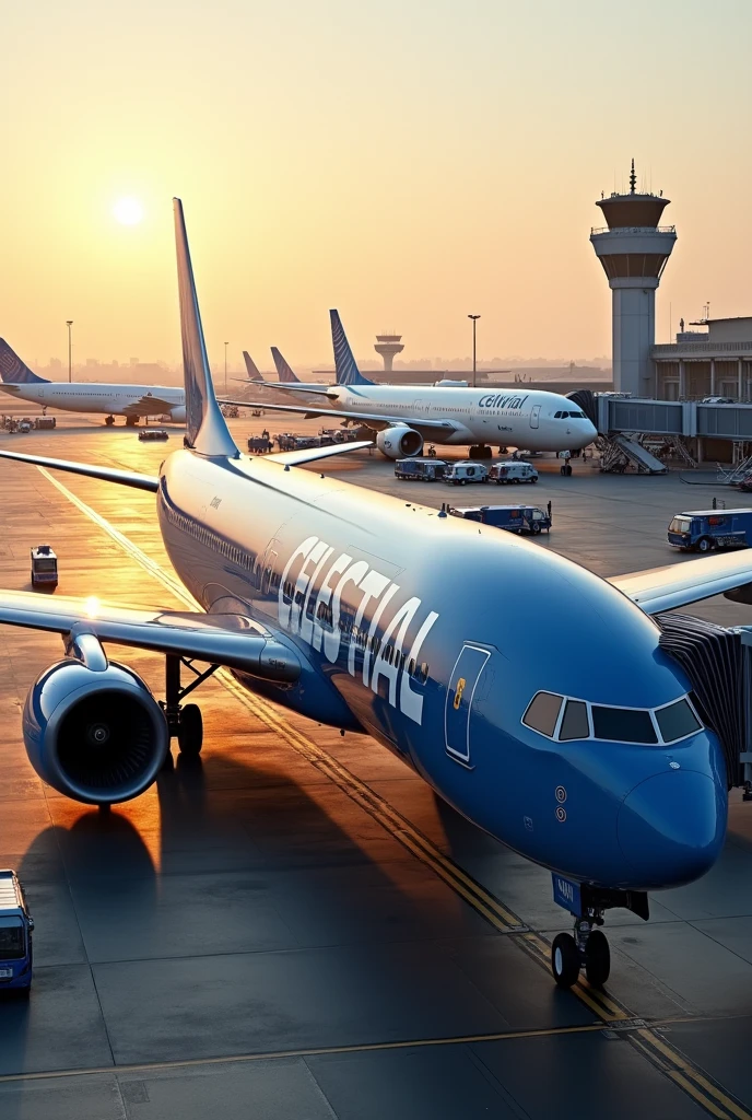 Create a photo of a plane on the ground with the company name “Celestial”