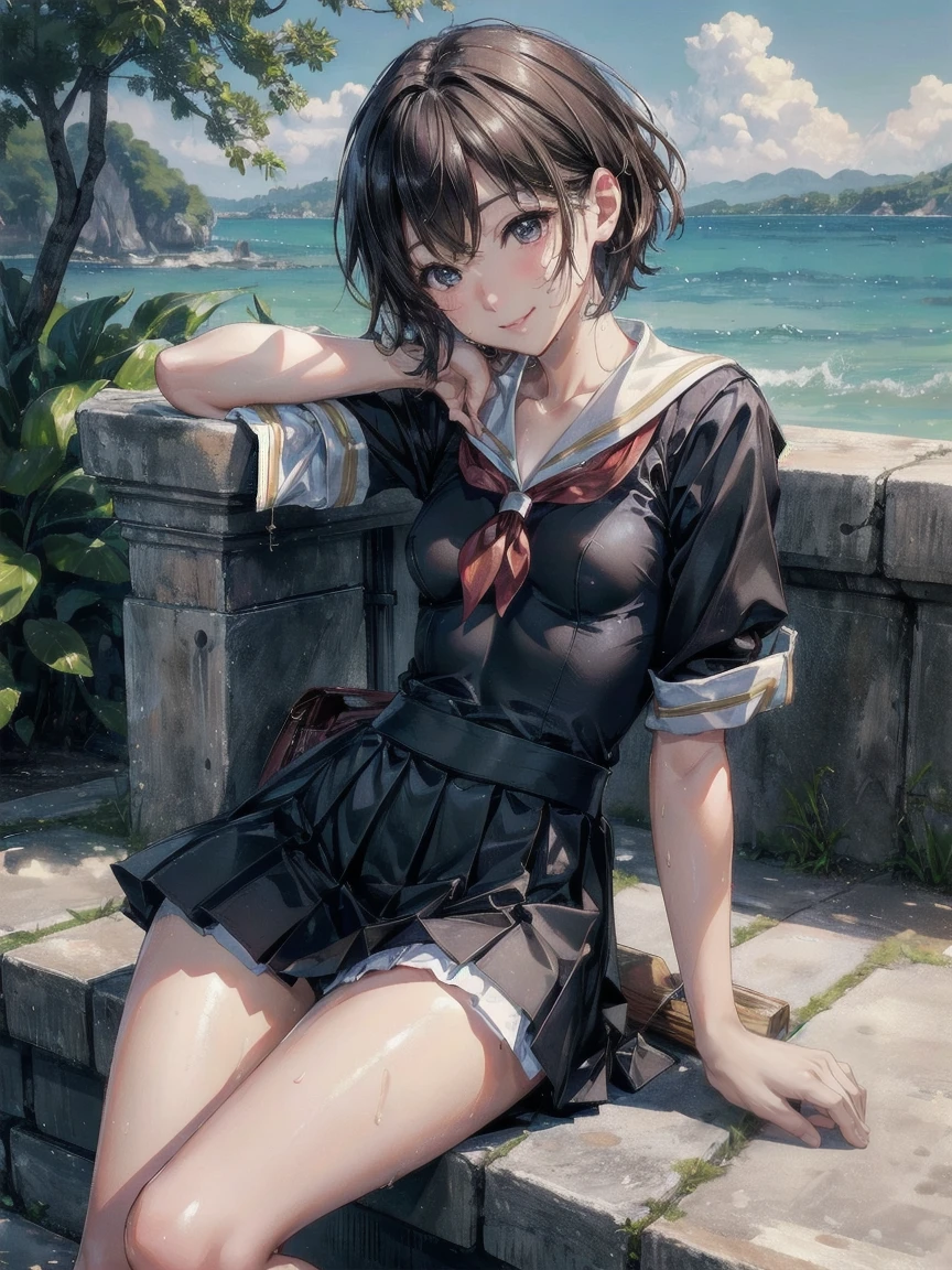最high quality, masterpiece, High resolution, Realistic, RAW Photos, 8k wallpaper, perfection, Thin arms、Very small waist、Beautiful Style、美しいThighs、Curved waist、((Very small breasts:1.5))、Shapely and soft breasts:1.2、Beautiful ass、Beautiful Eyes、Natural Skin、Ultra-fine face、Ultra-realistic、(8k), (最high quality: 1.2), (Realistic), (Realistic: 1.37), 超High resolution, cute, smile, Mouth closed, Beautiful details, Beautiful Nose, Brown short hair, short,Giant Dulcefo, Thighs,Self Snap,Sailor suit,,Pleated skirt,(Sitting:1), Sit on the ground,(Hold my feet:1),(Black knee-high socks),from the front,knees、Very detailed, high quality, 最high quality, High resolution、Skin wet with sweat、smile、