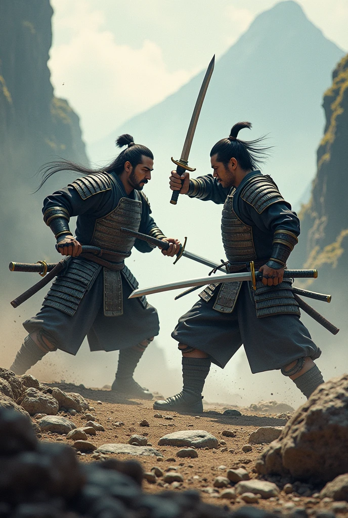 Create an image of two rival warriors in the time of the ancient Japanese who are seen fighting with their katanas fighting in a battle 
