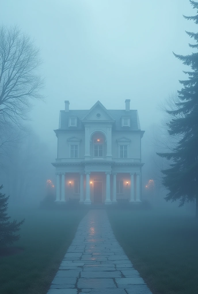 a white dreamy mansion, foggy, soft focus, cool lighting, muted pastel colors, glowing atmosphere, dramatic shadows, cinematic composition, dream-like quality, ethereal, romantic, soft focus photography, blue hour, midnight, windy, silver white marble, whimsical, hazy, ethereal, hazy
