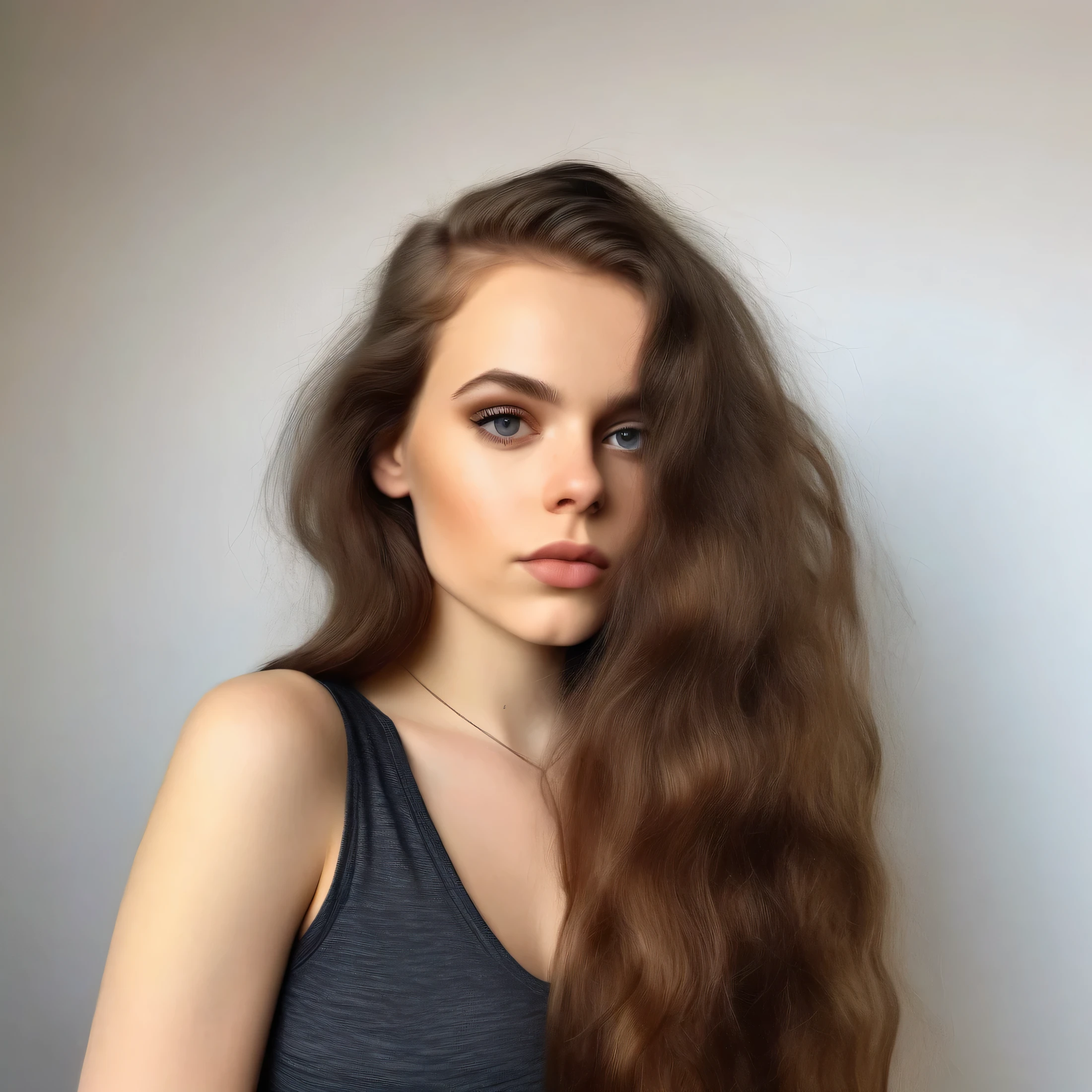 woman with long hair portait photo profile picture, pale-skinned ukranian girl, attractive girl, 19-year-old girl, black top-tank, make-up, ((brown voluminous hair)),