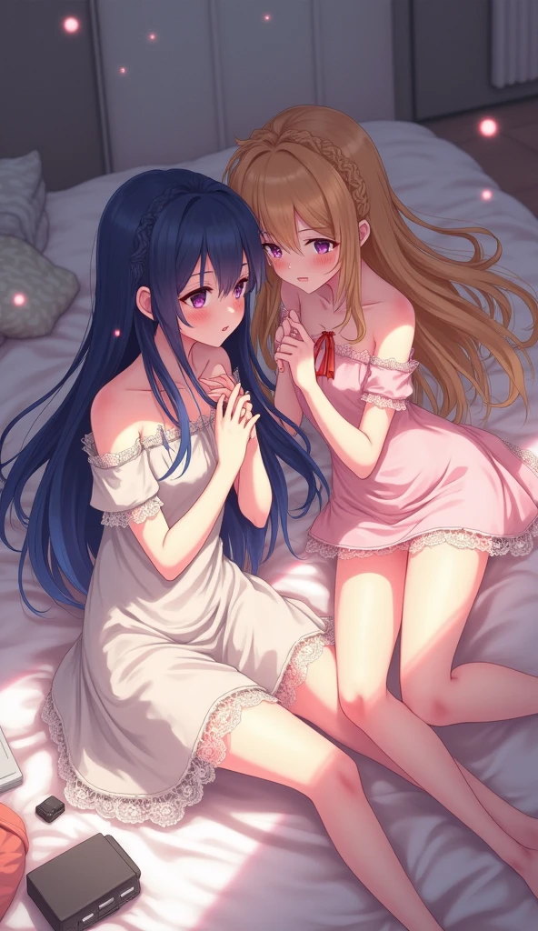 (((Two girls))), laying on bed, (((one girl's arm between the other girl's leg))), pantyless, no panties, topless, (blush), (closed eyes), ((open mouth))