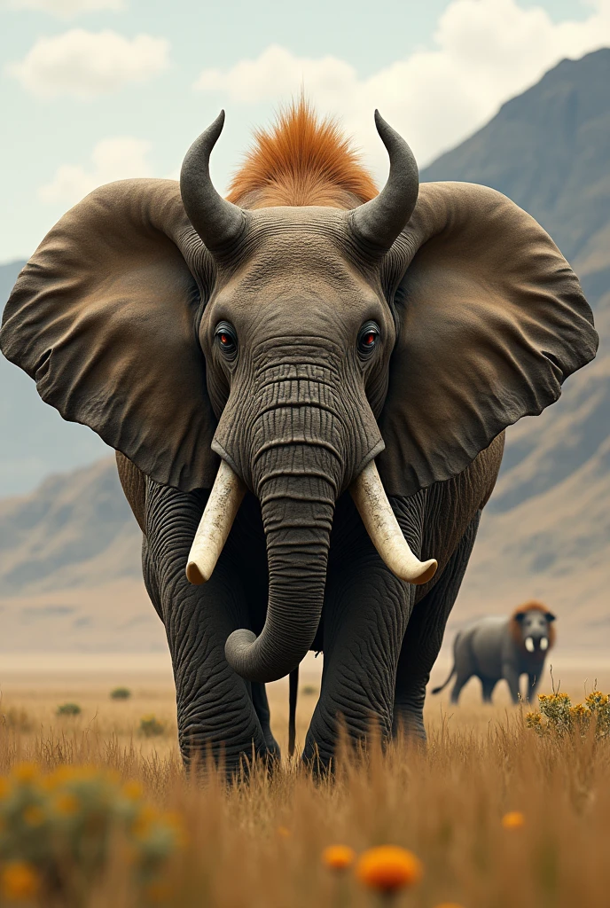 I need the hybridization of an animal that combines the African elephant, a lion and a rhinoceros, that the body be that of the elephant, but the head and tail will be the lion&#39;s, will have the elephant&#39;s trunk and tusks, and will have the big horn and dark circles of the rhinoceros


