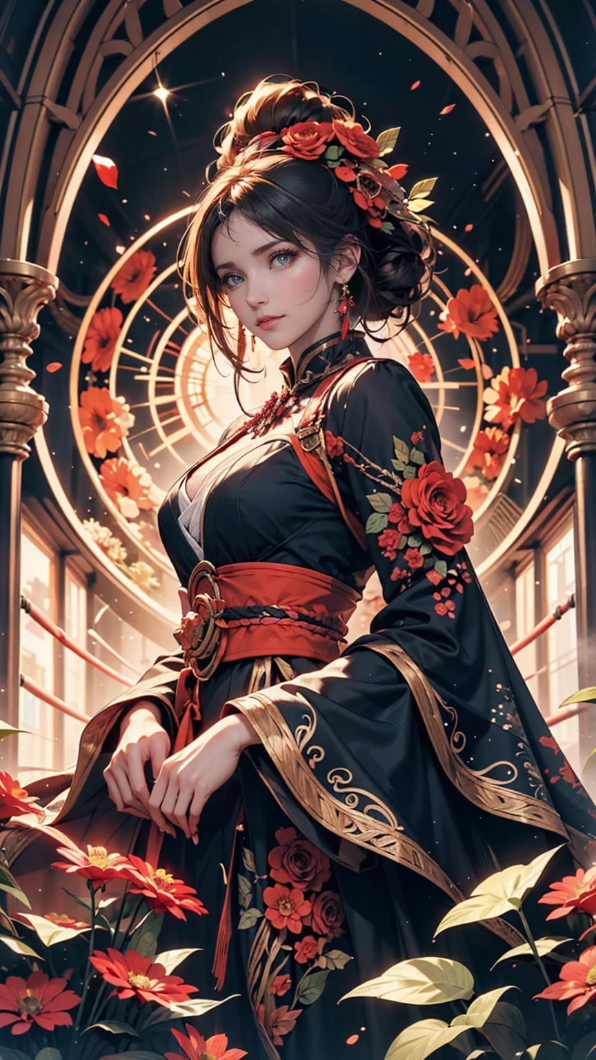 Official Art, unity 8k wallpaper, Super detailed, beautifully、aesthetic, masterpiece, Highest quality, (zenTangle, Mandala, Tangle, enTangle), (Fractal Art:1.3) , One person, Red flower, Very detailed, Dynamic Angle, Cowboy Shot, The most beautiful form of chaos, elegant, Brutalist design, Vibrant colors, Romanticism, James Jean, Robbie Dowie Anton, Ross Tran, Francis Bacon, It was freezing cold, Adrian's genius, Petra Cortright, Gerhard Richter, takato yamamoto, Ashley Wood, Atmospheric