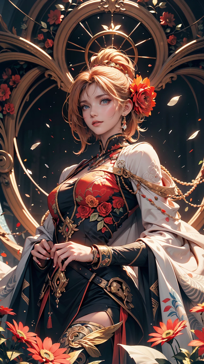 Official Art, unity 8k wallpaper, Super detailed, beautifully、aesthetic, masterpiece, Highest quality, (zenTangle, Mandala, Tangle, enTangle), (Fractal Art:1.3) , One person, Red flower, Very detailed, Dynamic Angle, Cowboy Shot, The most beautiful form of chaos, elegant, Brutalist design, Vibrant colors, Romanticism, James Jean, Robbie Dowie Anton, Ross Tran, Francis Bacon, It was freezing cold, Adrian's genius, Petra Cortright, Gerhard Richter, takato yamamoto, Ashley Wood, Atmospheric