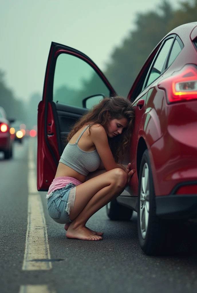 a girl squatting next to a car, peeing on the side of a busy freeway, pants and underwear pulled down, pee stain, realistic, high quality, detailed, photorealistic, depth of field, cinematic lighting, perfect anatomy, masterpiece, 8k, best quality