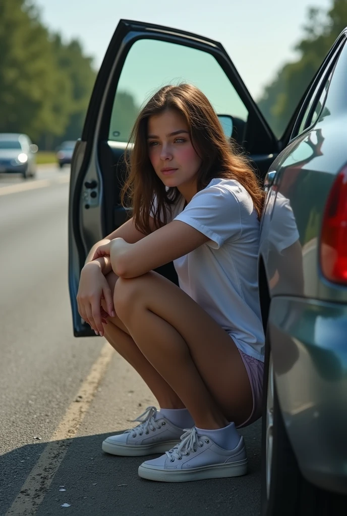 A  girl is urinating (urgently) at side of the freeway with her pants and panties palled all way down) ( sitting on car with the open car door to hide herself. (She made her parents pull over the car in from of traffic for pit stop) couldn’t hold it any longer 