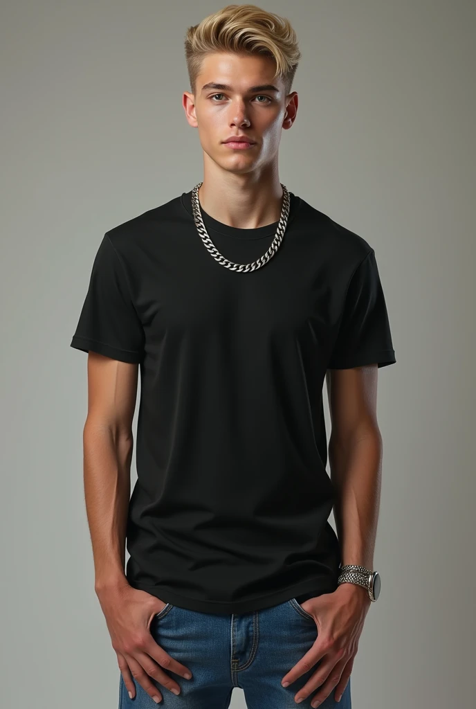  Full body photorealistic image of a very slim and handsome young looking man, with the (very small hair) yellow blonde color. . The avatar should have slightly darker honey-colored eyes, lighter eyebrows, a thin face with prominent cheekbones, and a stylish appearance. The character must wear a black t-shirt, a large Cuban style silver chain, blue jeans The full body of the character must be visible in the image, The image must be photorealistic, capturing all the details accurately and realistically.

