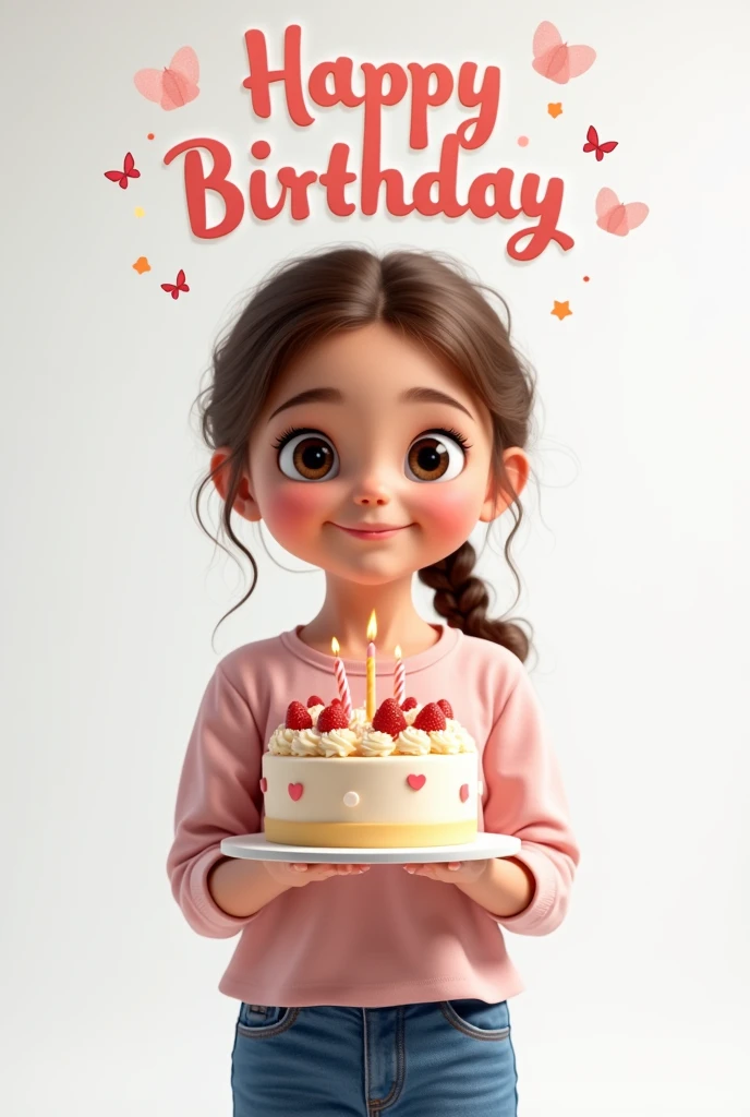9 year old girl with big brown eyes, curly hair tied in a braid, holding a cake. She wears jeans and a pink blouse with a butterfly print.. There is a sign that says happy birthday. the background is white