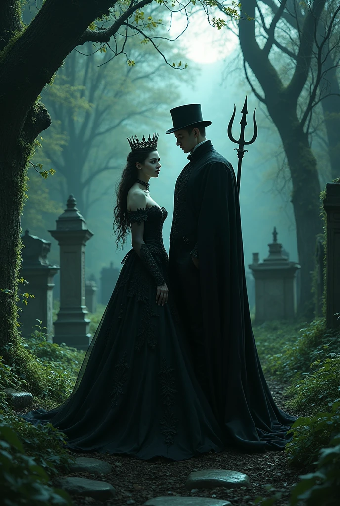 an abandoned cemetery in the woods at night, in the center a sensual queen with white skin, long black hair and green eyes, big breasts, wearing a long, medieval dress with black frames , with a crown on his head. Beside him a tall man with white skin, Youngh, wearing a black suit, cape and top hat, in his left hand a trident. both facing the viewer