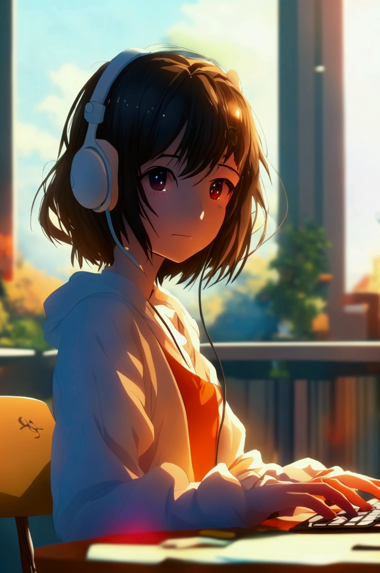 anime girl sitting at a desk with headphones typing, animated style 4 k, digital anime illustration, digital animated art, animated style. 8k, Moe anime art style, anime art wallpaper 4k, anime art wallpaper 4k, animated style illustration, soft anime cg art, detailed digital animated art, anime art wallpaper 8k, 3d realistic anime style.