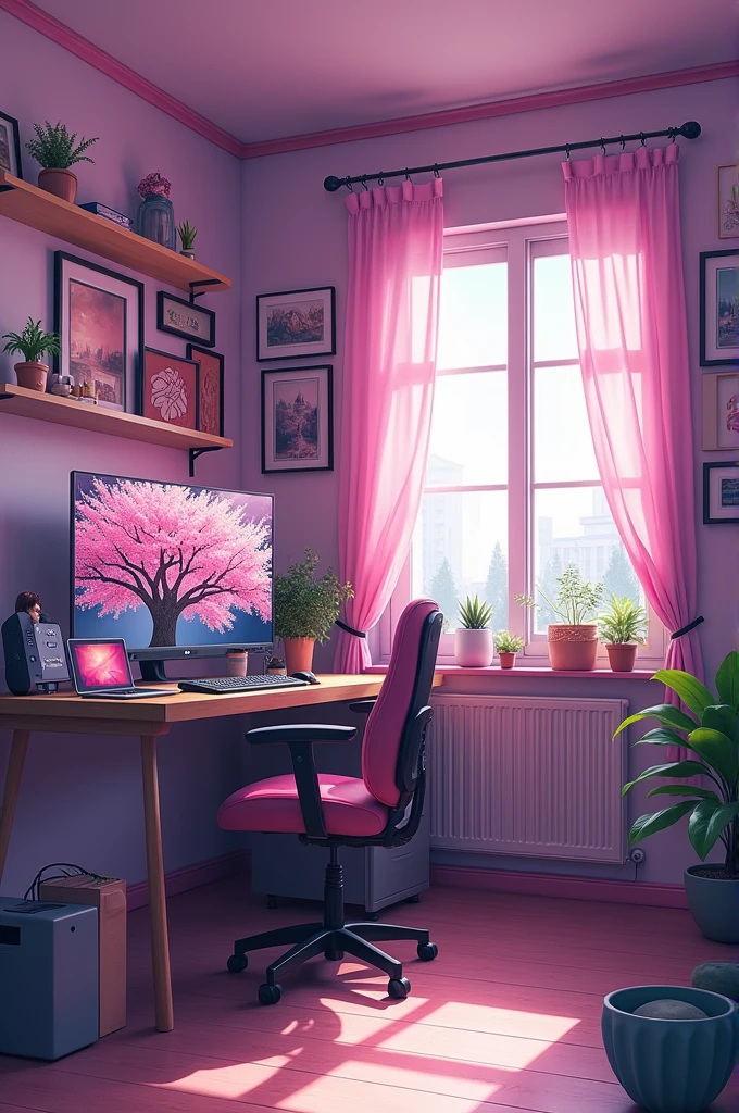 ((best quality)), ((masterpiece)), (detailed), ((best quality)), ((アニメ)), (detailed), cute empty female gamer room, estilo アニメ, in shades of pink and purple,some scattered plants, some pictures,desenhos de アニメ nas paredes, art materials next to the table, computer with wallpaper of a Sakura tree, Naruto dolls, itadori, Goku next to the computer.