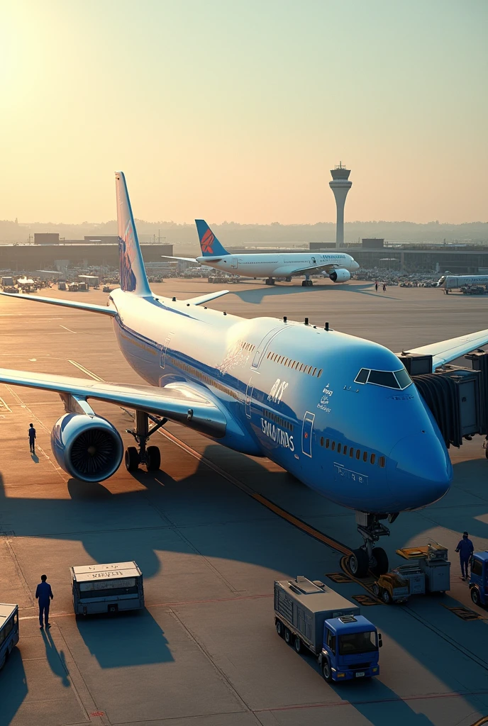 Create a photo of a plane on the ground with the company name “Celestial”