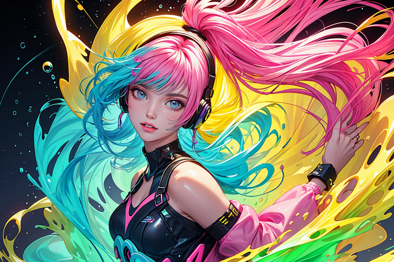 A captivating and surreal digital artwork of a woman's full body, where she dons a stylish ren and yellow neon headphones. Hans Darias AI. Her vibrant hair and face merge seamlessly with an array of abstract, liquid-like forms, such as splashes, drips, and bubbles, in a dazzling mix of fluorescent neon colors like pink, blue, yellow, and purple. The dark background highlights the bright, neon hues of the elements surrounding her.