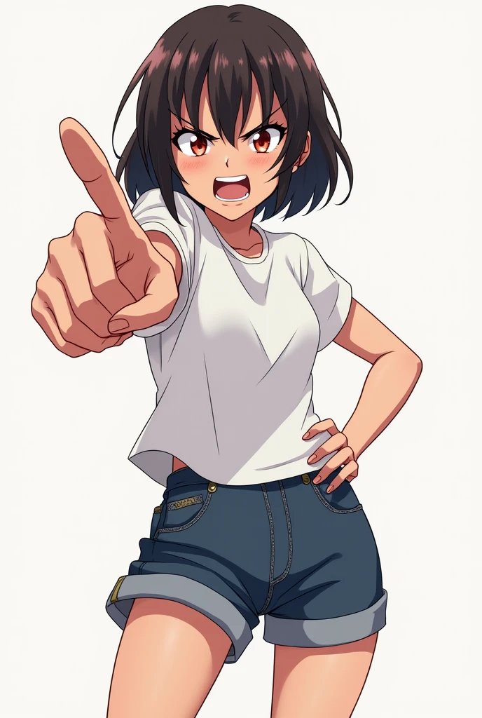 angry anime girl, pointing finger forward in anger, fully body, with your hand on your waist, simple art 
