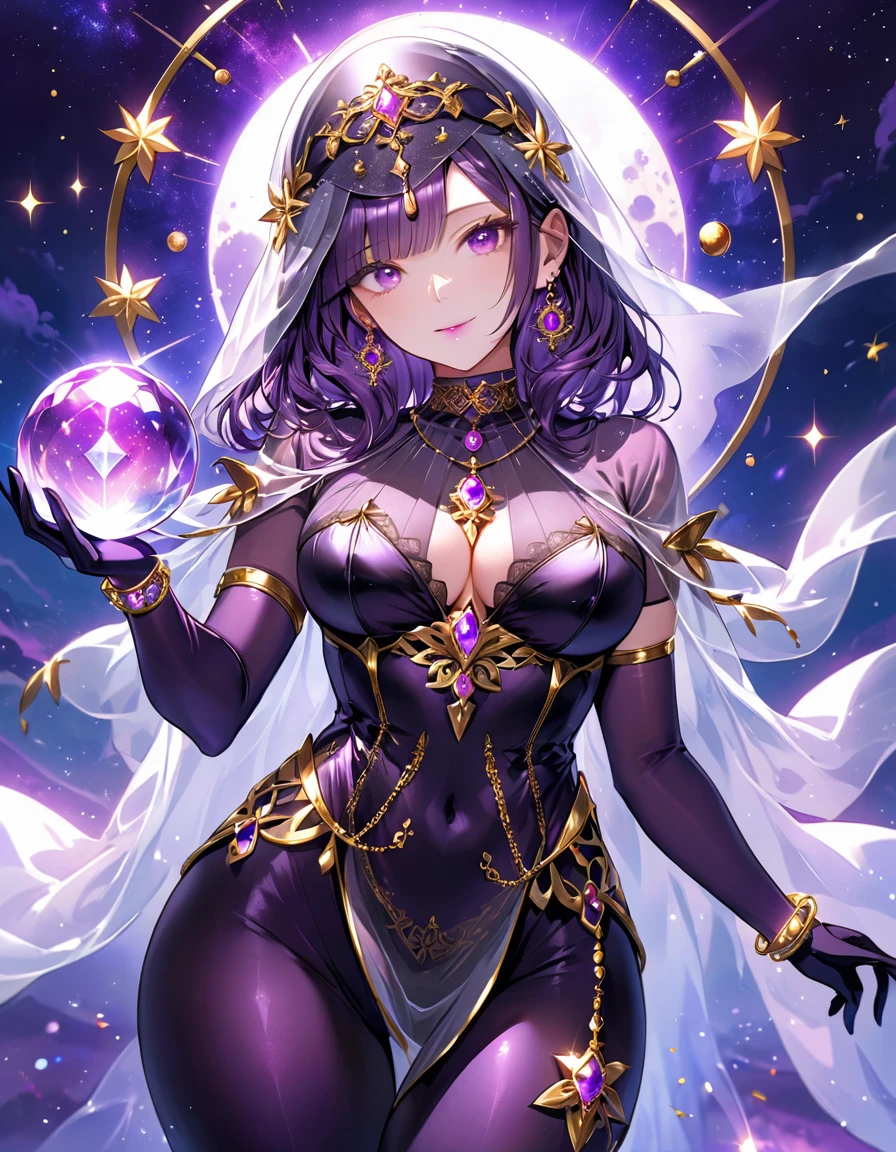 1 mature woman,,(Highest quality,Extremely detailed depiction,Incredibly absurd high resolution,Anatomically accurate depiction,Curvy Legs,Shiny skin),(Sexy astrologer),(A face veil that hides the mouth:1.5),(Luxurious accessories,Earrings,necklace,Bracelet,Long gloves,Intricately crafted costumes,See-through,black tights),eyelash,(Purple Eyes,Detailed pupil,Half-closed eyes:1.5,Crazy Eyes,There is cleavage in the chest,Bewitching Smile,shiny purple lips),(Holding a mysteriously glowing crystal ball:1.3),background:Sea of stars:1.5,Mysterious atmosphere,Nature,universe:1.3,Milky Way,meteor,moon